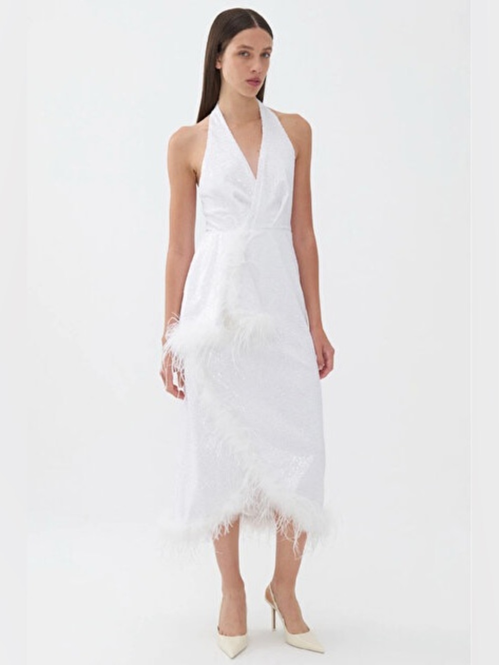 Nocturne N23YN2235 Sequin Feather Halter Midi Dress Ecru Ivory White Size 42